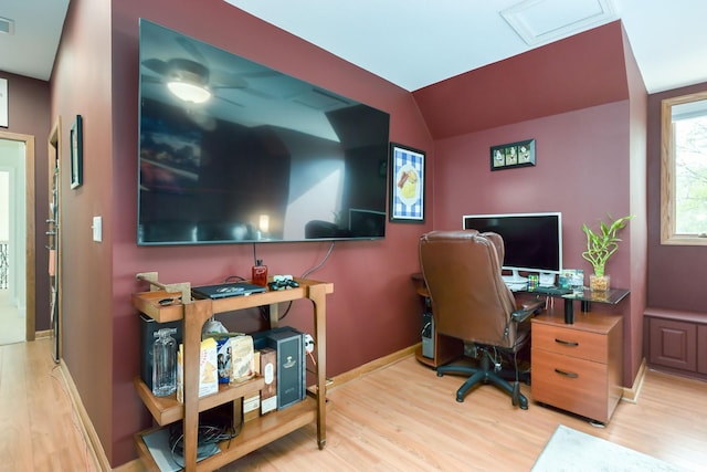 office with wood finished floors, baseboards, a ceiling fan, and lofted ceiling