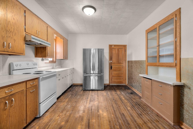 305 Pierson Ave, New Richmond, WI 54017 - kitchen with white range with electric stovetop, freestanding refrigerator, under cabinet range hood, light countertops, and dark wood finished floors
