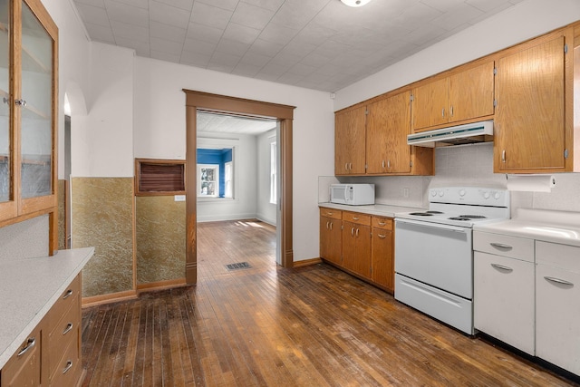 305 Pierson Ave, New Richmond, WI 54017 - kitchen featuring white appliances, under cabinet range hood, dark wood finished floors, light countertops, and brown cabinetry