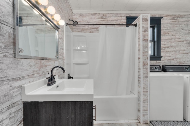 305 Pierson Ave, New Richmond, WI 54017 - bathroom featuring shower / tub combo with curtain, washing machine and clothes dryer, and vanity