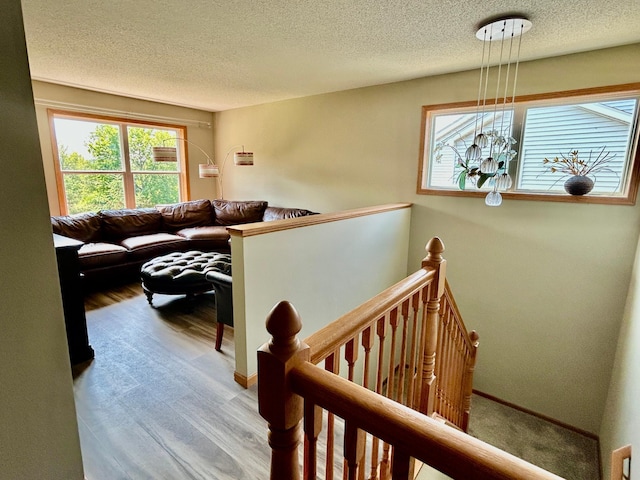 7263 Falmouth Curv, Shakopee, MN 55379 - stairway featuring healthy amount of natural light, a textured ceiling, a chandelier, and wood finished floors