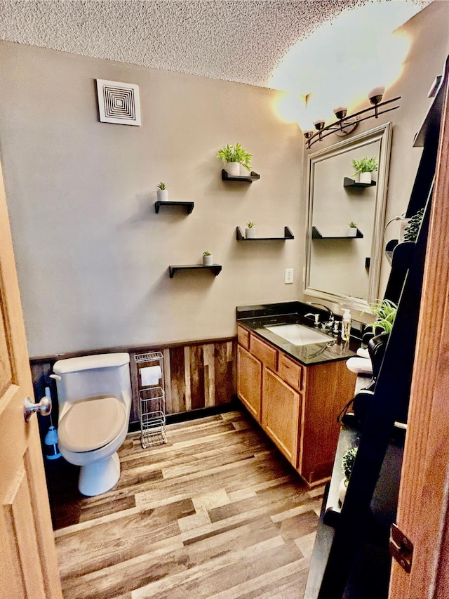 7263 Falmouth Curv, Shakopee, MN 55379 - bathroom with toilet, vanity, wood finished floors, a textured ceiling, and a wainscoted wall