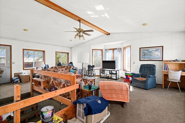 carpeted living area with a ceiling fan