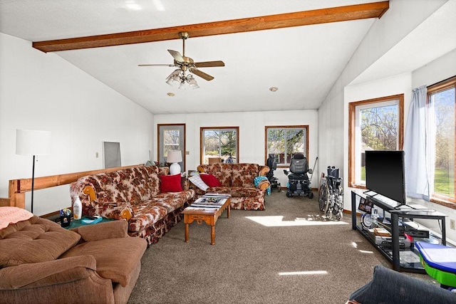 carpeted living area featuring a ceiling fan