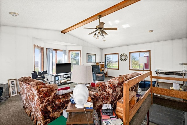 carpeted living room featuring ceiling fan