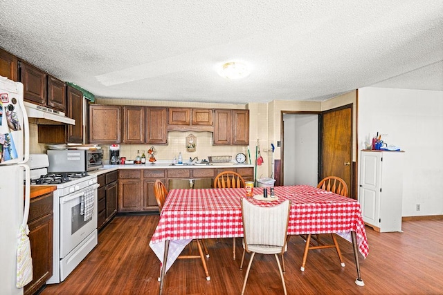 kitchen featuring white appliances, under cabinet range hood, dark wood-type flooring, a sink, and light countertops