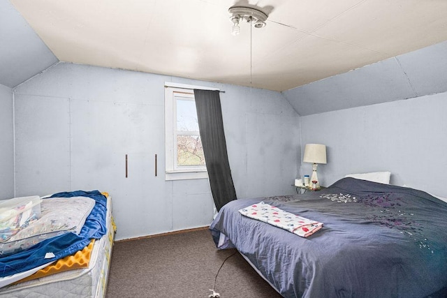 bedroom with vaulted ceiling and carpet floors