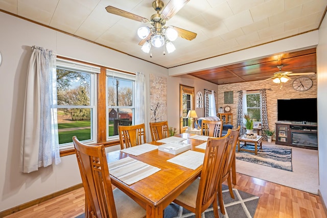 dining area featuring a ceiling fan, light wood-style floors, and baseboards