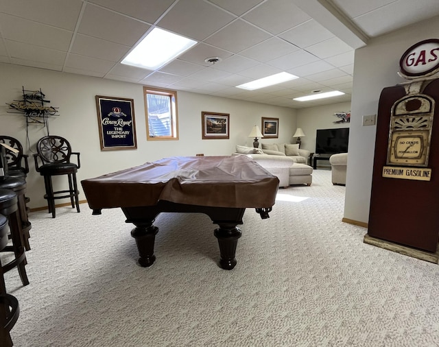 game room featuring a paneled ceiling, pool table, carpet floors, and baseboards