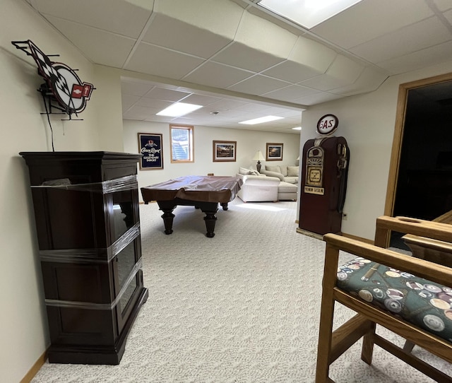 recreation room featuring carpet, billiards, and a drop ceiling