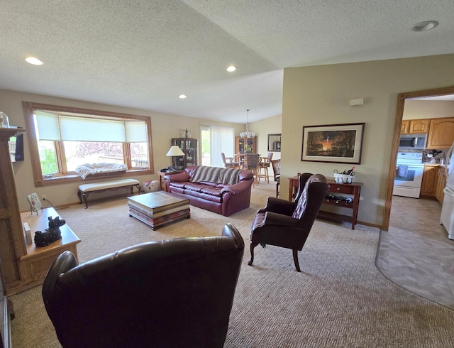 1085 20th St, Windom, MN 56101 - living area featuring light colored carpet, a textured ceiling, recessed lighting, and vaulted ceiling