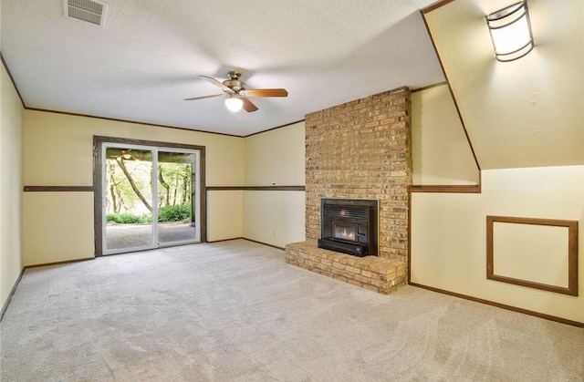 13056 Euclid Ave, Apple Valley, MN 55124 - unfurnished living room with ceiling fan, carpet floors, and a fireplace