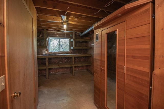 13056 Euclid Ave, Apple Valley, MN 55124 - basement featuring wooden walls, a ceiling fan, and a relaxing sauna