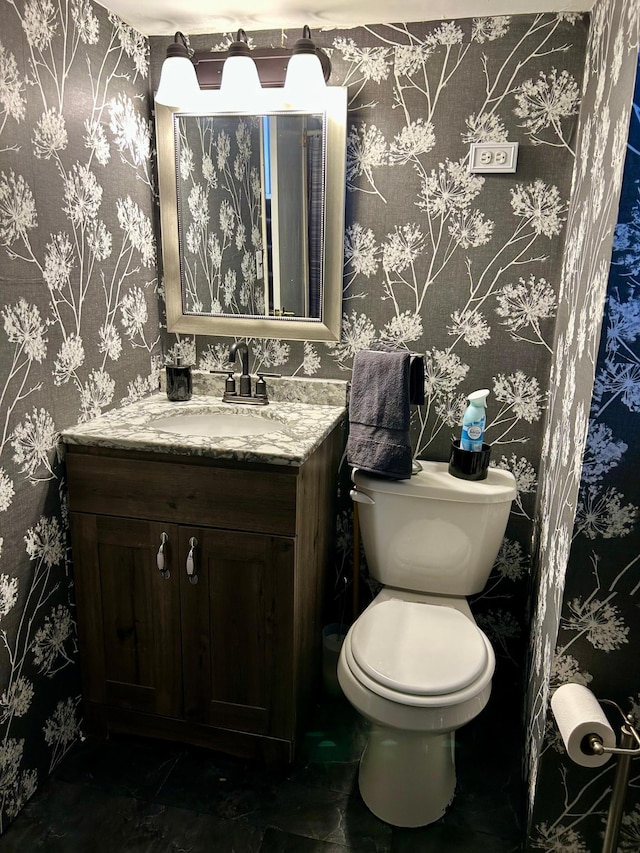 324 Maple Ave S, Thief River Falls, MN 56701 - half bathroom with vanity, toilet, and wallpapered walls