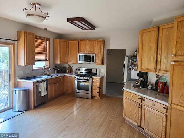 kitchen featuring appliances with stainless steel finishes, a sink, light countertops, and light wood-style flooring