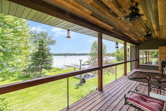 27667 Bay Shore Dr NW, Isanti, MN 55040 - deck with a water view, ceiling fan, and a yard