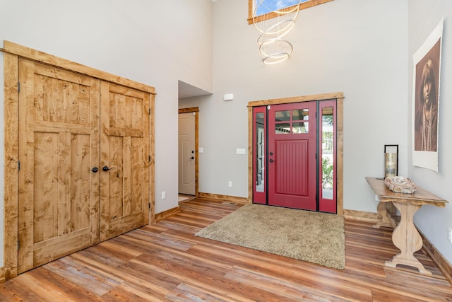 27667 Bay Shore Dr NW, Isanti, MN 55040 - entryway featuring wood finished floors, a towering ceiling, and baseboards