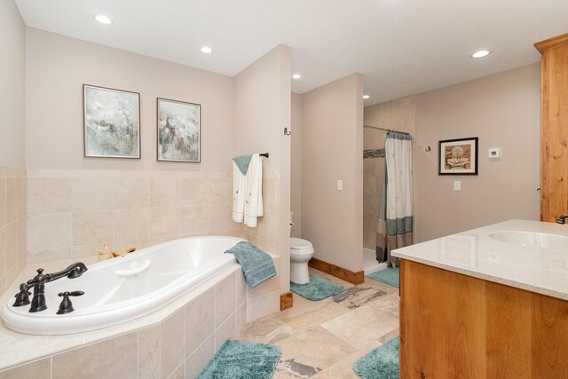 27667 Bay Shore Dr NW, Isanti, MN 55040 - full bath with toilet, a garden tub, a tile shower, vanity, and recessed lighting