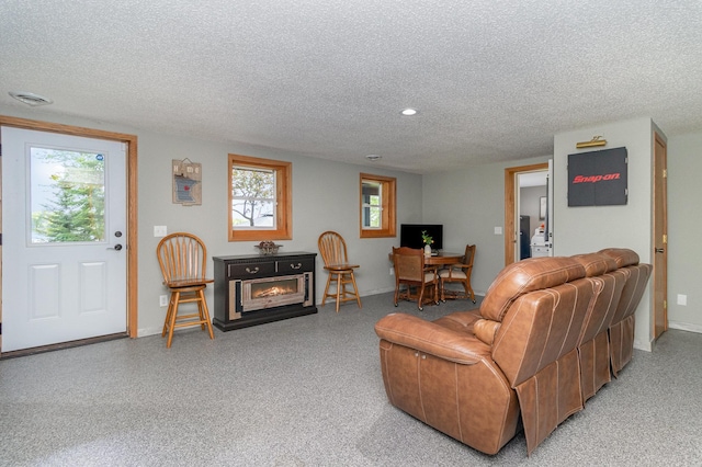 27667 Bay Shore Dr NW, Isanti, MN 55040 - living room with a textured ceiling, baseboards, a fireplace, and recessed lighting