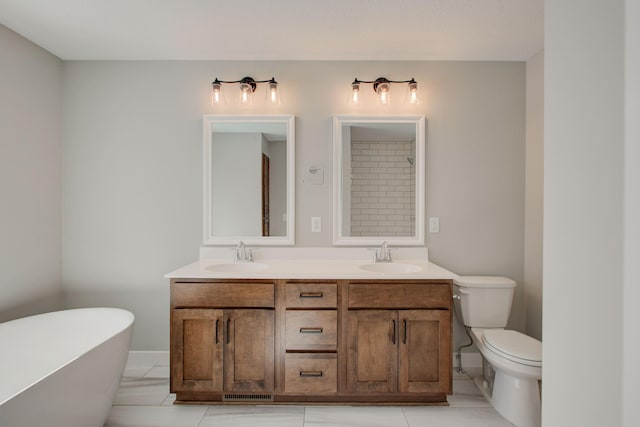 8683 Peony Ln N, Maple Grove, MN 55311 - bathroom with toilet, a soaking tub, double vanity, and tile patterned floors