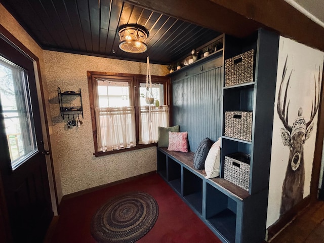 506 2nd St S, Tower, MN 55790 - mudroom with healthy amount of natural light, a textured wall, wooden ceiling, and baseboards