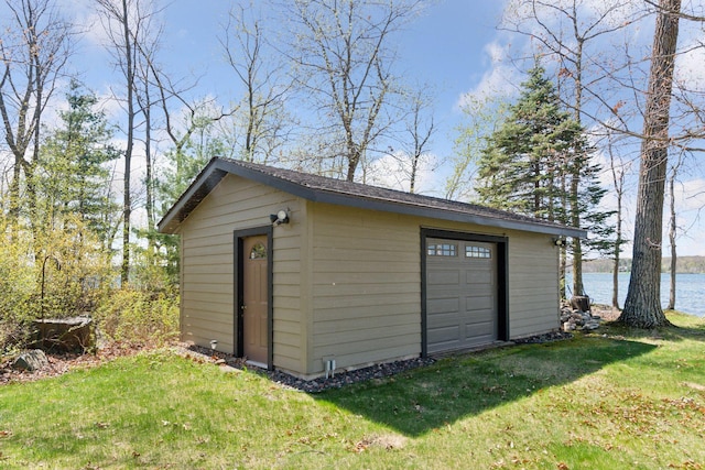 garage with a water view