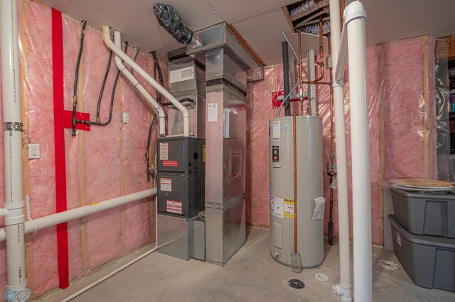 utility room featuring electric water heater and heating unit