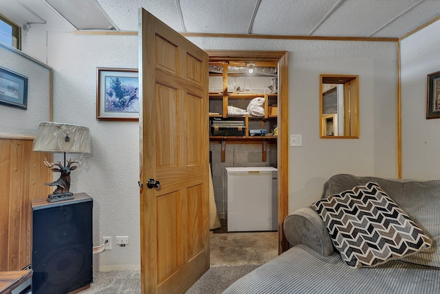 bedroom featuring refrigerator and a paneled ceiling