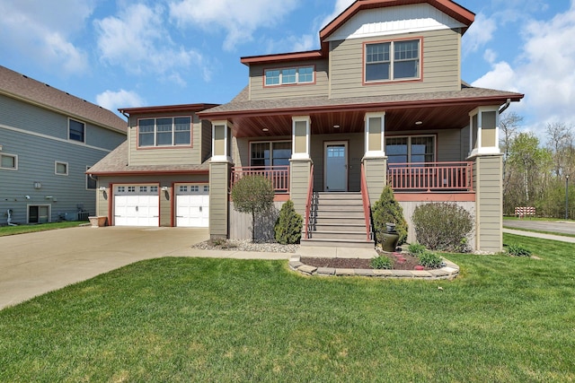1901 11th St N, Sartell, MN 56377 - craftsman-style house featuring a garage, driveway, covered porch, roof with shingles, and a front lawn