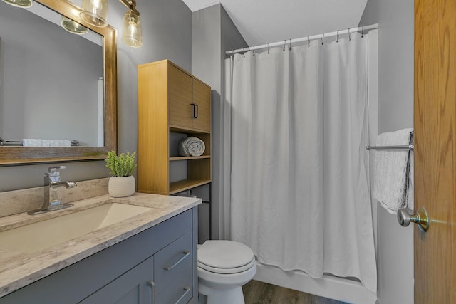 1908 5th St N, Sartell, MN 56377 - bathroom featuring vanity, toilet, wood finished floors, and shower / bath combination with curtain