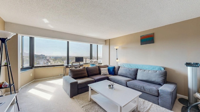 living area with light colored carpet, a textured ceiling, and baseboards