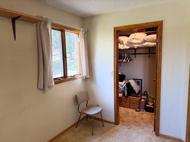 bedroom with a textured ceiling, light colored carpet, a closet, and baseboards