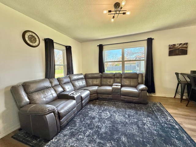 513 Water Ave N, Saint Hilaire, MN 56754 - living room featuring a textured ceiling, plenty of natural light, wood finished floors, and baseboards
