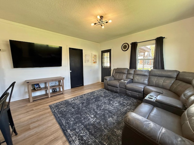513 Water Ave N, Saint Hilaire, MN 56754 - living room featuring light wood-type flooring, a textured ceiling, and baseboards