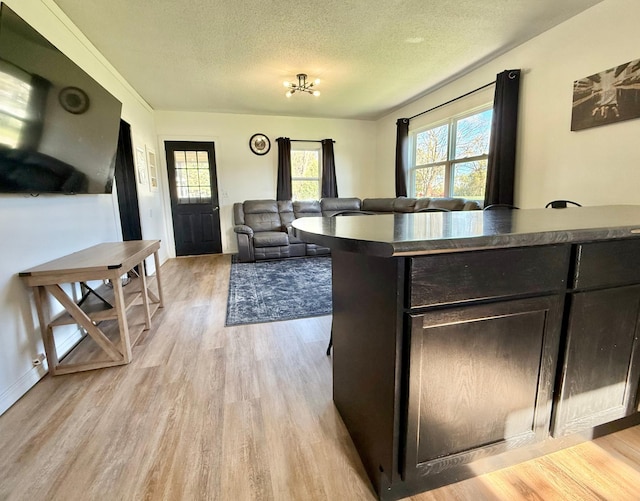 513 Water Ave N, Saint Hilaire, MN 56754 - kitchen with a textured ceiling, light wood-type flooring, dark countertops, and open floor plan