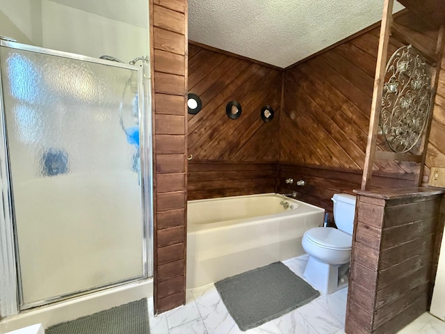513 Water Ave N, Saint Hilaire, MN 56754 - full bath featuring wood walls, marble finish flooring, a stall shower, toilet, and a bath