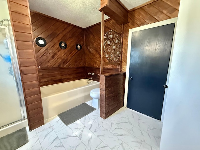 513 Water Ave N, Saint Hilaire, MN 56754 - full bath featuring wood walls, a shower with door, toilet, a textured ceiling, and marble look tiles