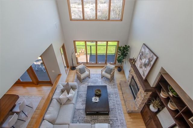 532 150th St, Alden Twp, WI 54001 - living room featuring wood finished floors, a high ceiling, and a stone fireplace