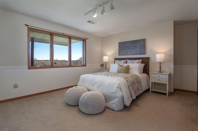 532 150th St, Alden Twp, WI 54001 - bedroom with track lighting, a wainscoted wall, carpet floors, a textured ceiling, and baseboards