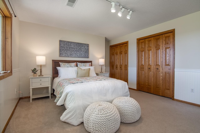 532 150th St, Alden Twp, WI 54001 - bedroom with two closets, carpet floors, track lighting, baseboards, and a wainscoted wall