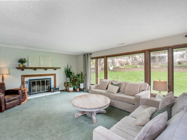 3509 Coolidge St NE, Saint Anthony, MN 55418 - living area featuring a textured ceiling, carpet floors, a glass covered fireplace, and crown molding