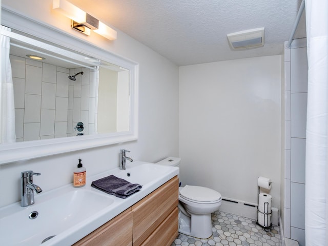 3509 Coolidge St NE, Saint Anthony, MN 55418 - bathroom featuring a baseboard radiator, curtained shower, double vanity, tile patterned flooring, and a textured ceiling