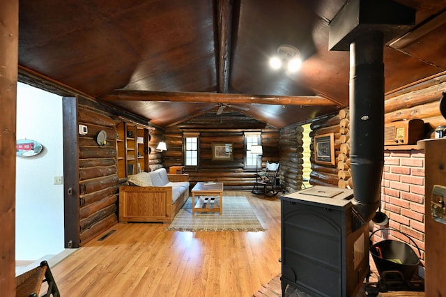 9262 Park Ave, Solon Springs, WI 54873 - living area featuring log walls, wood-type flooring, a wood stove, and wood ceiling