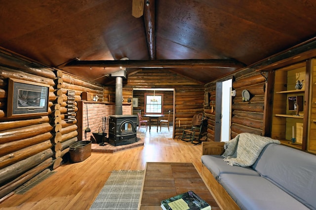 9262 Park Ave, Solon Springs, WI 54873 - living area with log walls, a wood stove, wood-type flooring, and wood ceiling
