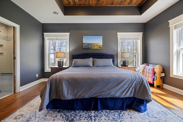 701 Chalupsky Ave SE, New Prague, MN 56071 - bedroom with a tray ceiling, wood finished floors, baseboards, and wood ceiling