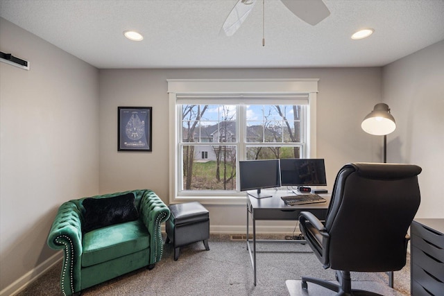 701 Chalupsky Ave SE, New Prague, MN 56071 - carpeted office space featuring baseboards, recessed lighting, a ceiling fan, and a textured ceiling