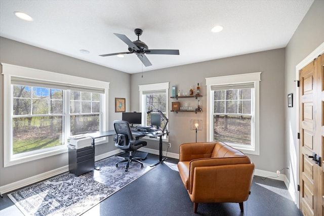 701 Chalupsky Ave SE, New Prague, MN 56071 - office area featuring baseboards, ceiling fan, and recessed lighting