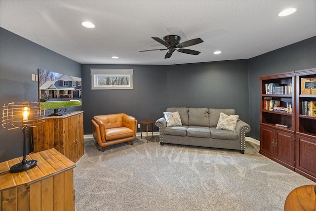 701 Chalupsky Ave SE, New Prague, MN 56071 - living area featuring carpet, a ceiling fan, recessed lighting, and baseboards