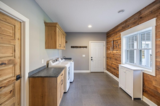 701 Chalupsky Ave SE, New Prague, MN 56071 - laundry area featuring wooden walls, cabinet space, baseboards, washer and clothes dryer, and recessed lighting