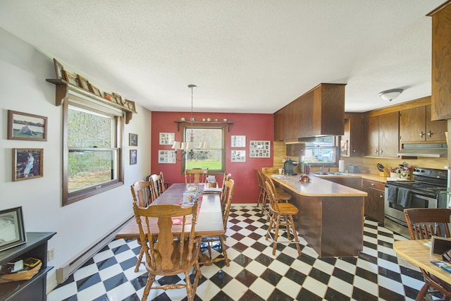 1418 345th Ave, Frederic, WI 54837 - kitchen featuring stainless steel electric range, tile patterned floors, under cabinet range hood, a textured ceiling, and a sink